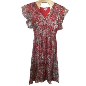 Le Ragazze Dress Sz Medium Red Floral Silk Blend Sheer Lined Midi Italy Romantic